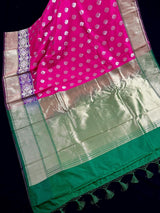Hot Pink with Purple & Green Borders Banarasi saree in banarasi silk with floral buttis in silver zari with meenakari borders — Kaash Collection