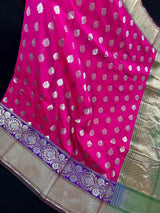 Hot Pink with Purple & Green Borders Banarasi saree in banarasi silk with floral buttis in silver zari with meenakari borders — Kaash Collection