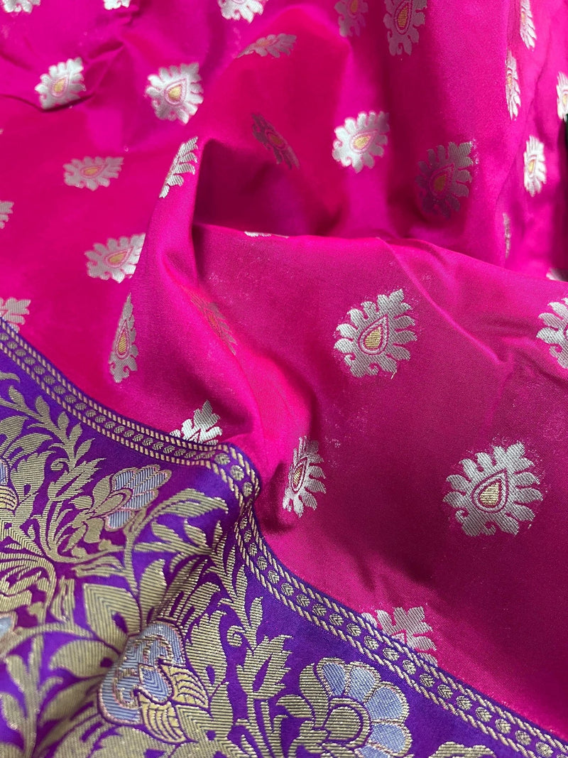 Hot Pink with Purple & Green Borders Banarasi saree in banarasi silk with floral buttis in silver zari with meenakari borders — Kaash Collection