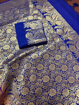 Hot Pink with Purple Border & Blue Pallu Banarasi saree in banarasi silk with gold buttas with 7.5" purple border — Kaash Collection