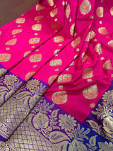 Hot Pink with Purple Border & Blue Pallu Banarasi saree in banarasi silk with gold buttas with 7.5" purple border — Kaash Collection