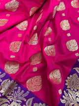 Hot Pink with Purple Border & Blue Pallu Banarasi saree in banarasi silk with gold buttas with 7.5" purple border — Kaash Collection