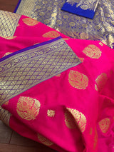 Hot Pink with Purple Border & Blue Pallu Banarasi saree in banarasi silk with gold buttas with 7.5" purple border — Kaash Collection