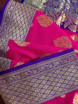 Hot Pink with Purple Border & Blue Pallu Banarasi saree in banarasi silk with gold buttas with 7.5" purple border — Kaash Collection