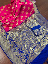 Hot Pink with Purple Border & Blue Pallu Banarasi saree in banarasi silk with gold buttas with 7.5" purple border — Kaash Collection