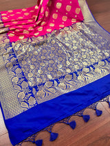 Hot Pink with Purple Border & Blue Pallu Banarasi saree in banarasi silk with gold buttas with 7.5" purple border — Kaash Collection