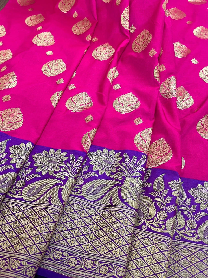 Hot Pink with Purple Border & Blue Pallu Banarasi saree in banarasi silk with gold buttas with 7.5" purple border — Kaash Collection