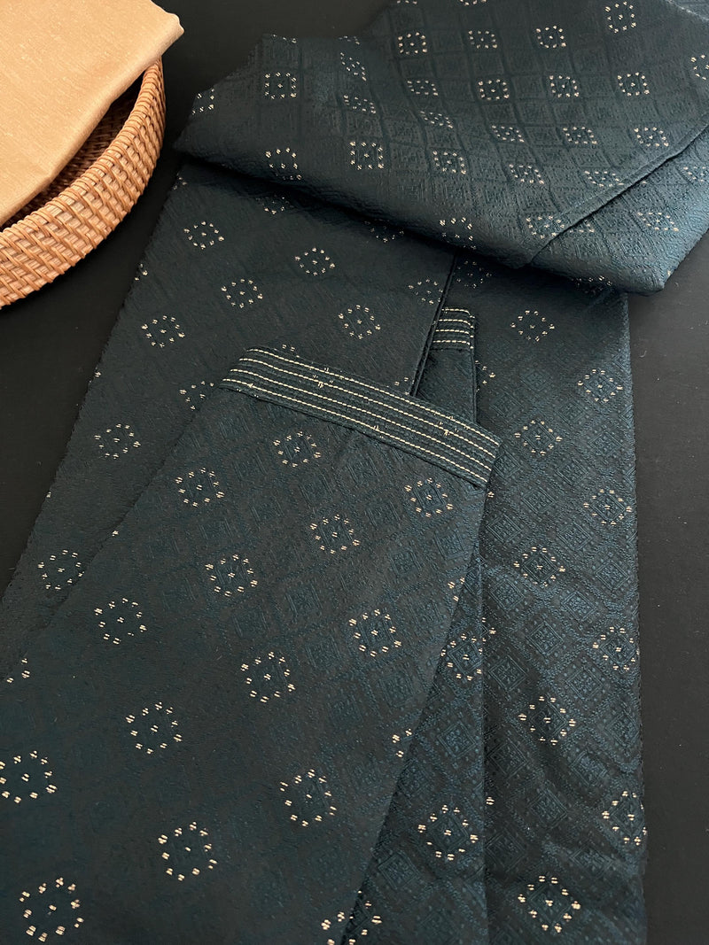 Hunter Green Color Indian kurta for Men | Embossed Embroidery Zari | Sherwani Style Kurta | Indian Wedding Kurta | Bottle Green Mens Kurta - Kaash