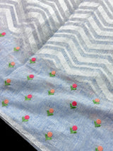 Ice Blue Color Linen blend with Cotton Silk Saree and Embroidery Floral buttis - Kaash