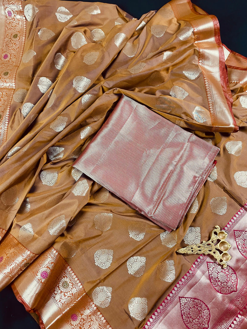 Mud Gold Banarasi Semi Katan Silk Saree | Meenakari Work | Handloom Saree | Zari Weaving