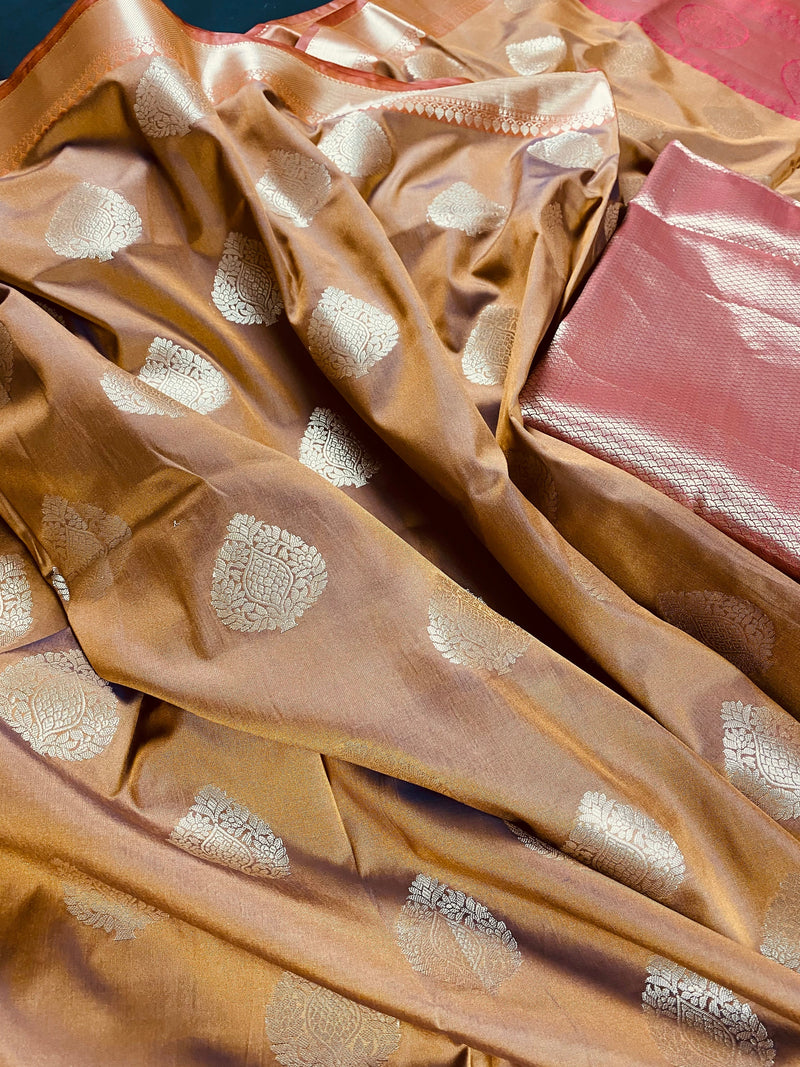 Mud Gold Banarasi Semi Katan Silk Saree | Meenakari Work | Handloom Saree | Zari Weaving