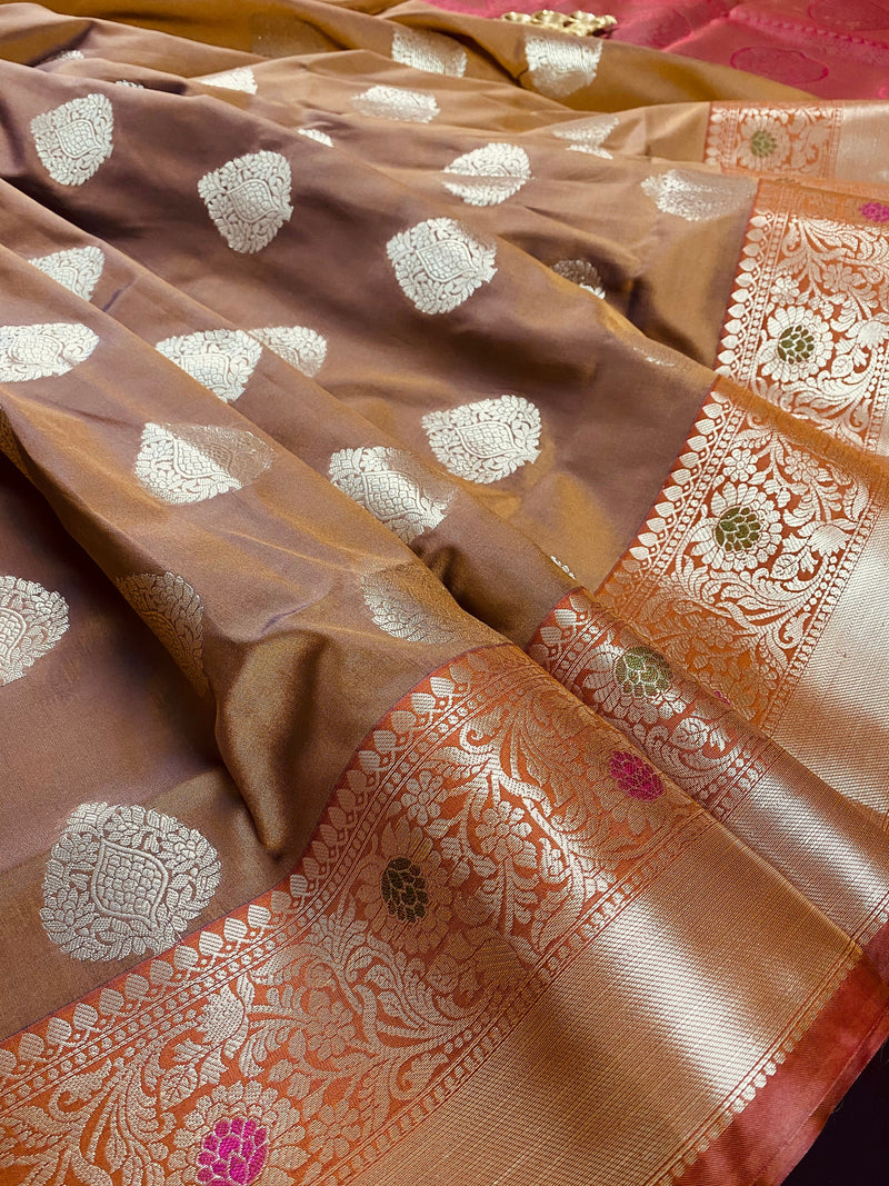 Mud Gold Banarasi Semi Katan Silk Saree | Meenakari Work | Handloom Saree | Zari Weaving