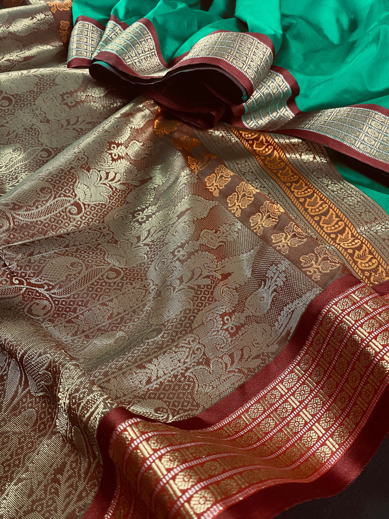 Green Gadwal Soft Silk Saree | Traditional Pallu and Borders Zari Weave | Soft Silk Sarees