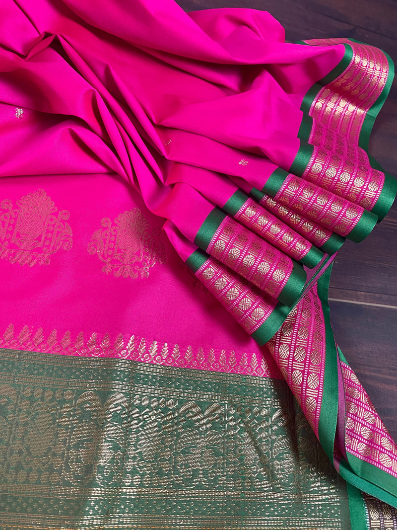 Pink Gadwal Soft Silk Saree with Green combination | Traditional Pallu and Borders | Zari Weave   | Kaash Collection