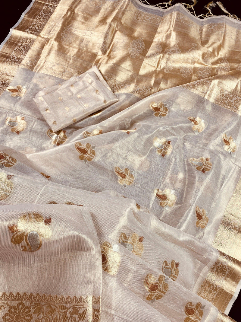 Off White with tint of Gold Linen Soft Tissue Silk Saree with Banarasi Borders and Pallu