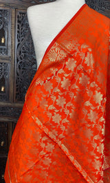 Orange Banarasi Silk dupatta with Zari Weaved with tassels — Kaash Collection