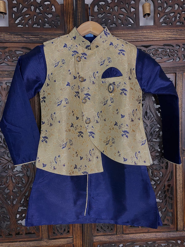Boys 3pcs Kurta Pajama with Jacket in Floral Pattern Blue and Gold Combination