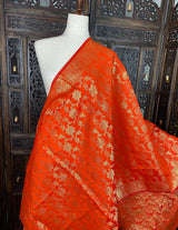 Orange Banarasi Silk dupatta with Zari Weaved with tassels — Kaash Collection