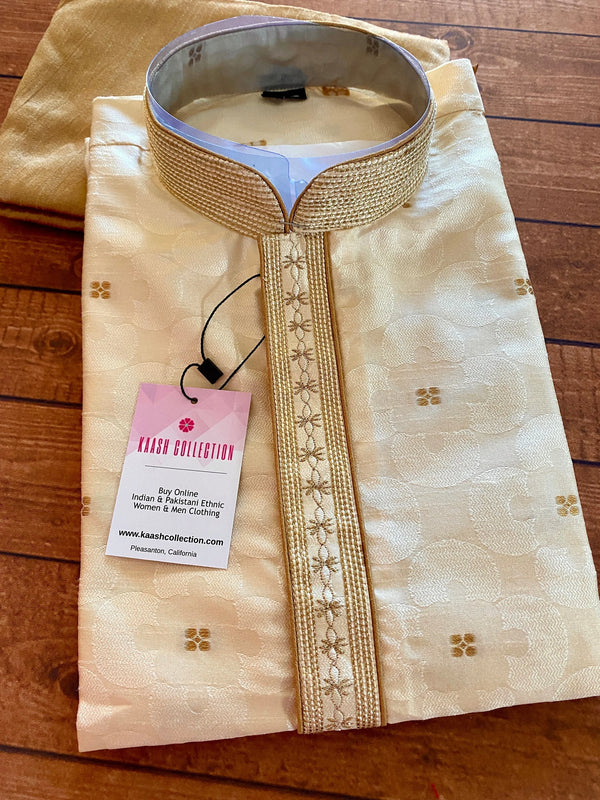 Cream Color Men Kurta Pajama Set with Embroidery work on neckline  | Soft Silk Material | Indian Men Clothing USA | Kaash Collection