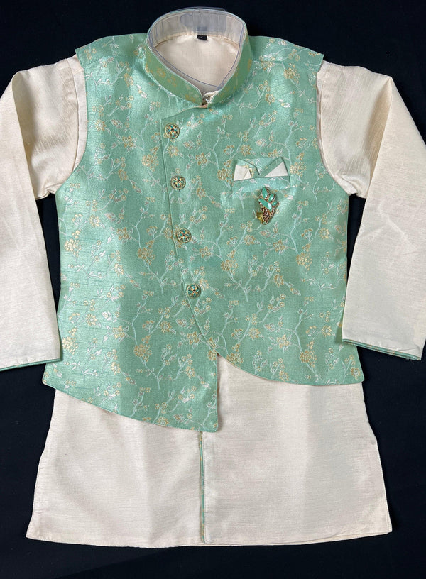 Green Color Boys 3pcs Kurta Pajama with Jacket in Floral Pattern  | Kids Wear | Boys Ethnic Wear | Boys Kurta Pajama