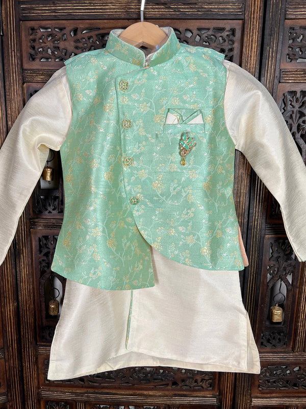 Green Color Boys 3pcs Kurta Pajama with Jacket in Floral Pattern  | Kids Wear | Boys Ethnic Wear | Boys Kurta Pajama