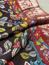 Statement Chocolate Brown Soft Crepe Kalamkari Printed Saree with Elegant Banarasi Borders | A Blend of Heritage Art & Modern Grace