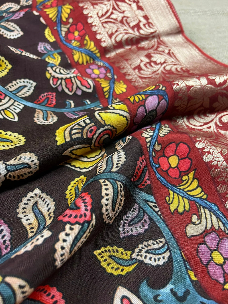 Statement Chocolate Brown Soft Crepe Kalamkari Printed Saree with Elegant Banarasi Borders | A Blend of Heritage Art & Modern Grace