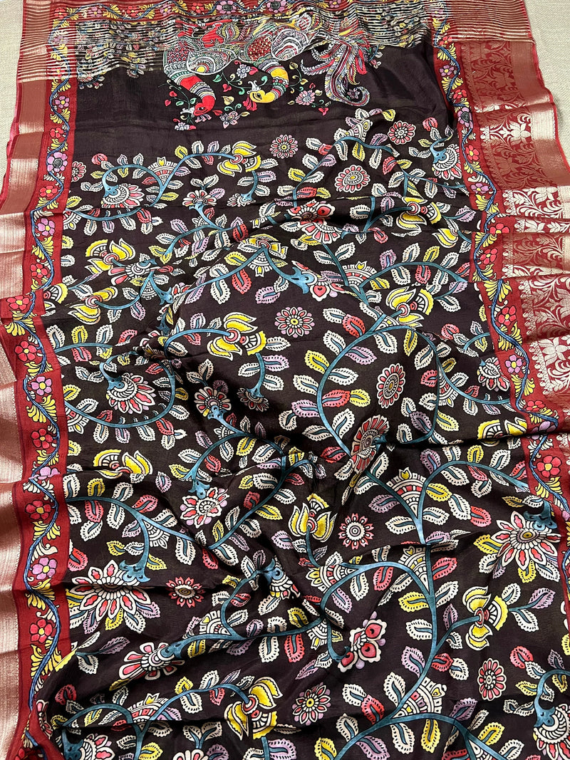 Statement Chocolate Brown Soft Crepe Kalamkari Printed Saree with Elegant Banarasi Borders | A Blend of Heritage Art & Modern Grace