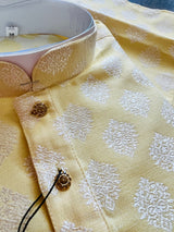 Pastel Yellow Color Men Kurta Pajama Set with Floral Buttas Weaving design in Banarasi Silk