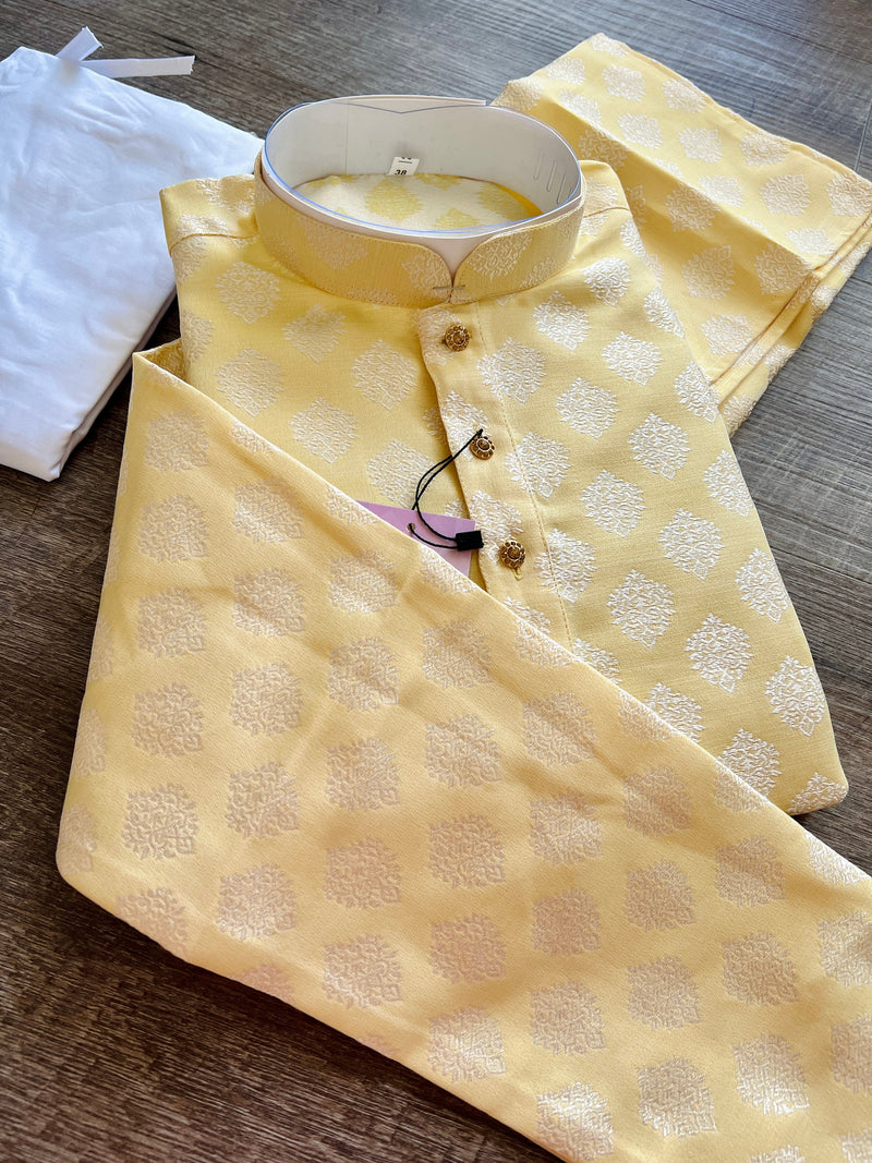 Pastel Yellow Color Men Kurta Pajama Set with Floral Buttas Weaving design in Banarasi Silk