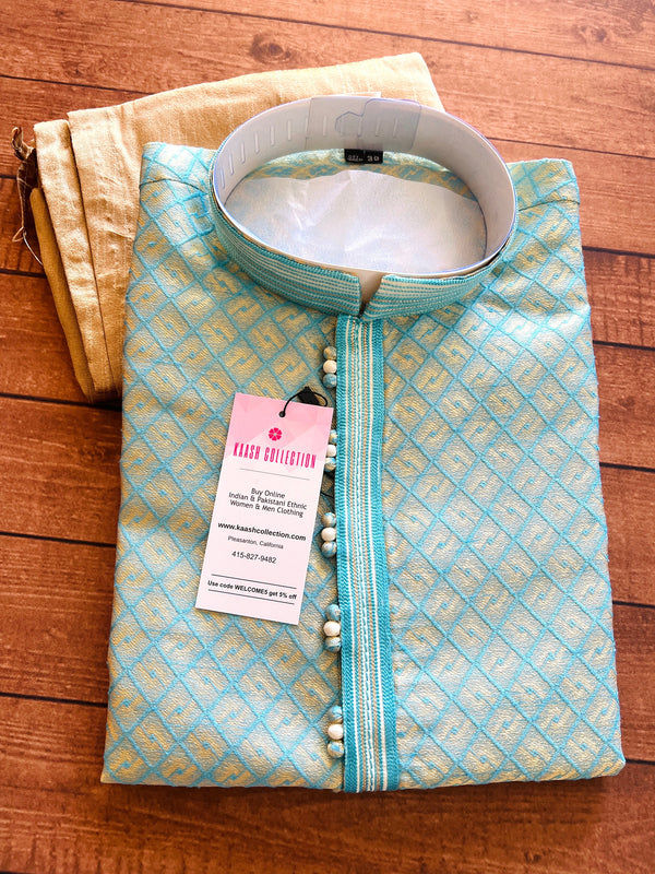 Sky Blue Soft Raw Silk designer Men Kurta Pajama with Self Design material with facy buttons  | Mens Ethnic Wear | Kaash Collection