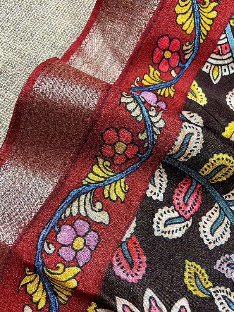 Statement Chocolate Brown Soft Crepe Kalamkari Printed Saree with Elegant Banarasi Borders | A Blend of Heritage Art & Modern Grace