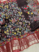 Statement Chocolate Brown Soft Crepe Kalamkari Printed Saree with Elegant Banarasi Borders | A Blend of Heritage Art & Modern Grace