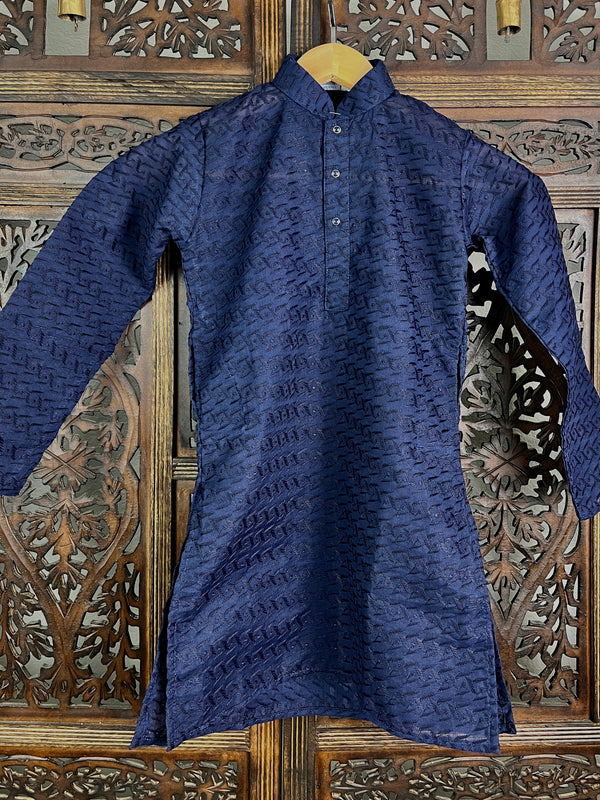 Dark Blue Cotton Kurta with Bottom Set for Boys with Lucknowi Chikankari Work | Boys Kurta Sets  | Boys Kurtas | Cotton Kurtas