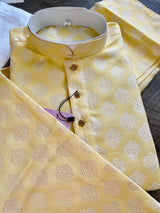 Pastel Yellow Color Men Kurta Pajama Set with Floral Buttas Weaving design in Banarasi Silk