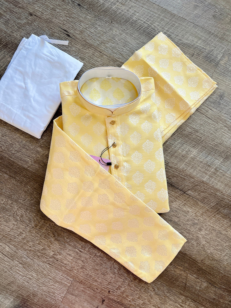 Pastel Yellow Color Men Kurta Pajama Set with Floral Buttas Weaving design in Banarasi Silk