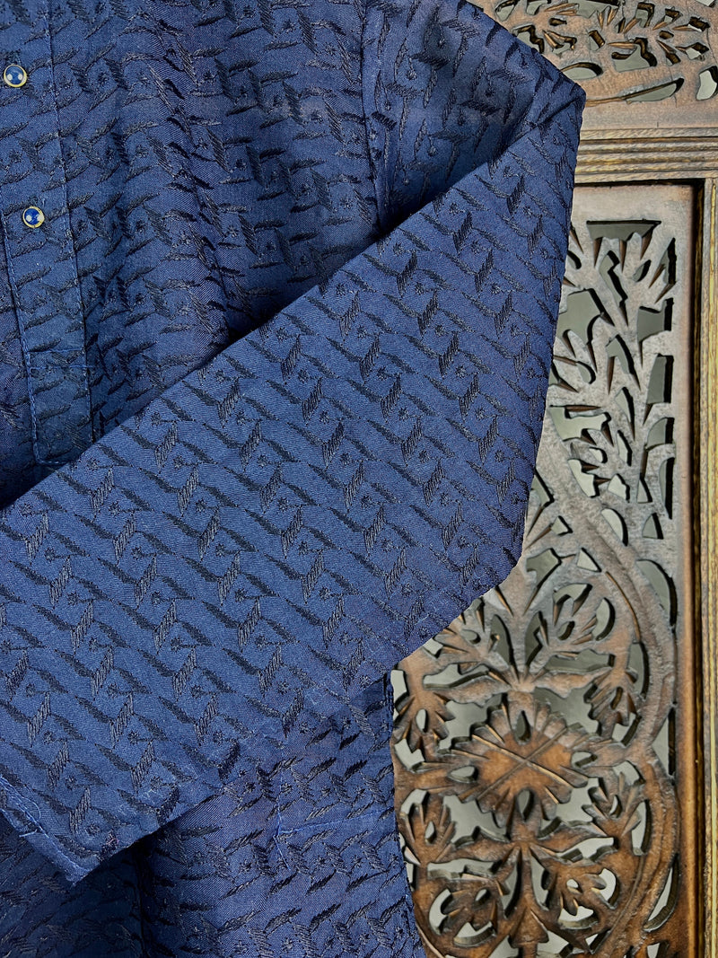 Dark Blue Cotton Kurta with Bottom Set for Boys with Lucknowi Chikankari Work | Boys Kurta Sets  | Boys Kurtas | Cotton Kurtas