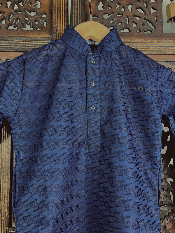 Dark Blue Cotton Kurta with Bottom Set for Boys with Lucknowi Chikankari Work | Boys Kurta Sets  | Boys Kurtas | Cotton Kurtas