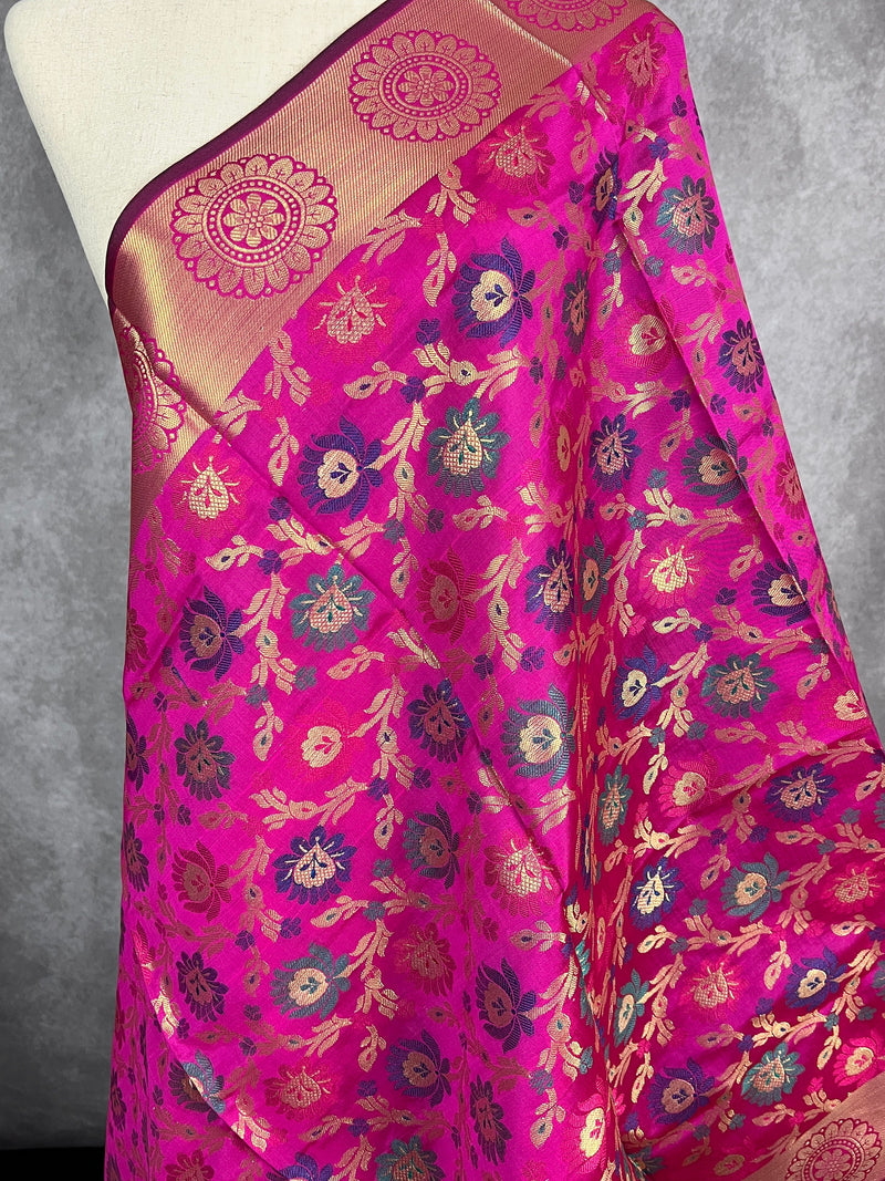 Magenta Pink Banarasi Silk Dupatta with Muted Gold Zari Weaving in Floral Pattern and Meenakari Work  Dupatta | Gift For Her | Dupattas USA