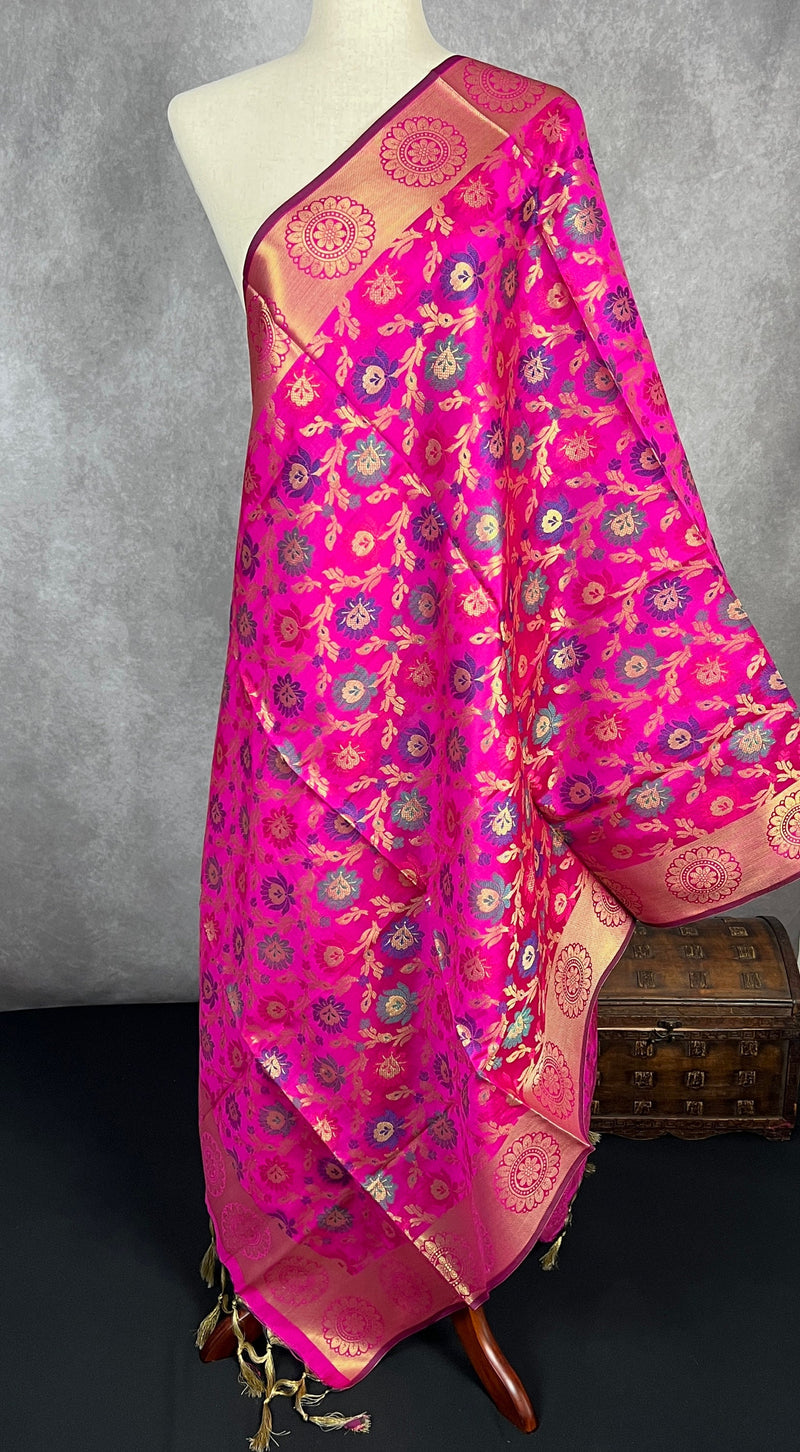 Magenta Pink Banarasi Silk Dupatta with Muted Gold Zari Weaving in Floral Pattern and Meenakari Work  Dupatta | Gift For Her | Dupattas USA