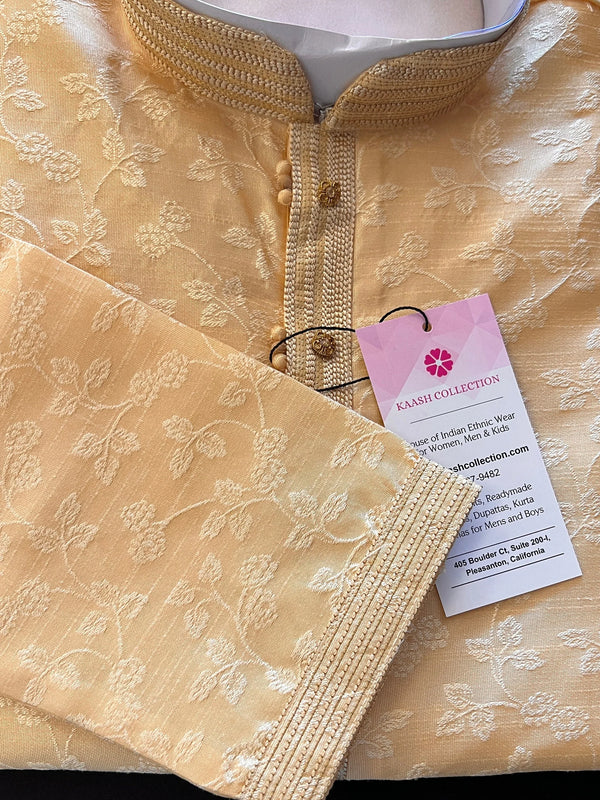 Beige Gold Floral Self embroidered Kurta Pajama for Men | Raw Silk | Mens Ethnic Wear | Kurtas for Men | Kurta for Wedding