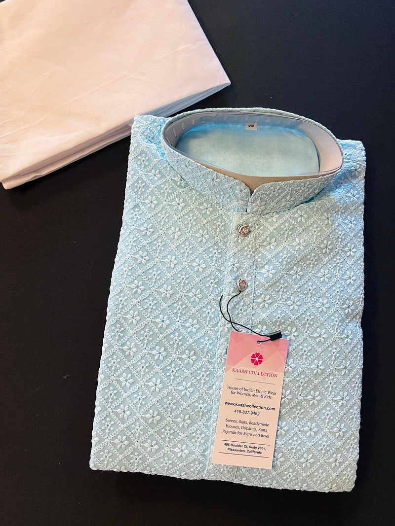 Sky Blue Chikankari Lucknowi Georgette Men Kurta Pajama Set with