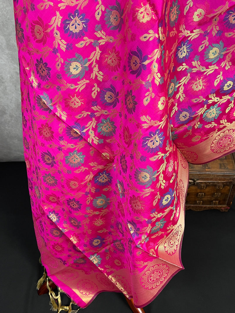 Magenta Pink Banarasi Silk Dupatta with Muted Gold Zari Weaving in Floral Pattern and Meenakari Work  Dupatta | Gift For Her | Dupattas USA