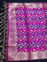 Magenta Pink Banarasi Silk Dupatta with Muted Gold Zari Weaving in Floral Pattern and Meenakari Work  Dupatta | Gift For Her | Dupattas USA