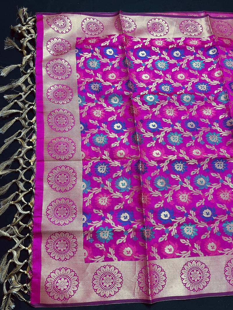 Magenta Pink Banarasi Silk Dupatta with Muted Gold Zari Weaving in Floral Pattern and Meenakari Work  Dupatta | Gift For Her | Dupattas USA