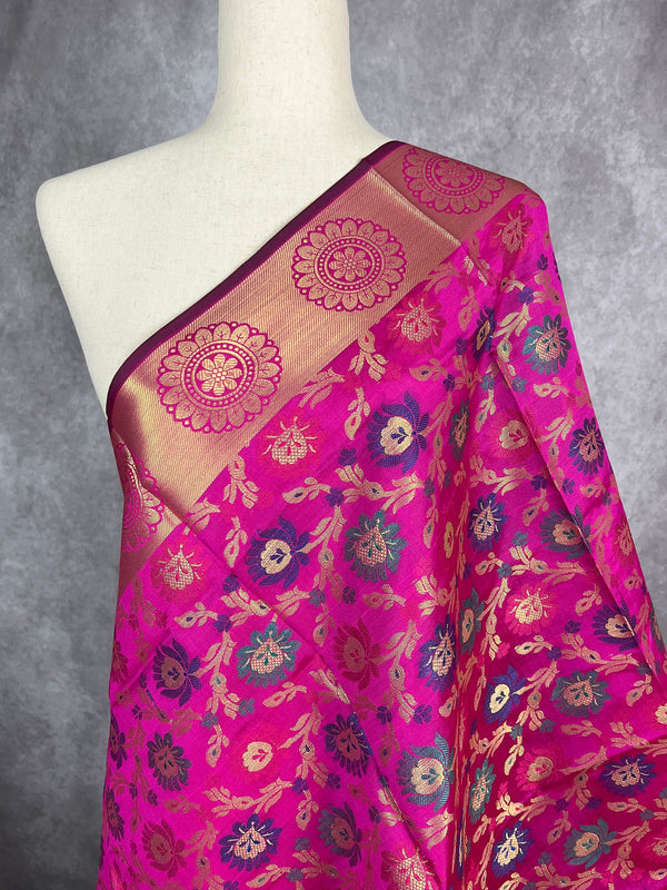 Magenta Pink Banarasi Silk Dupatta with Muted Gold Zari Weaving in Floral Pattern and Meenakari Work  Dupatta | Gift For Her | Dupattas USA