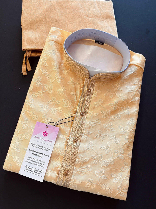 Beige Gold Floral Self embroidered Kurta Pajama for Men | Raw Silk | Mens Ethnic Wear | Kurtas for Men | Kurta for Wedding