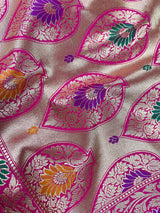 Pink Color Traditional Banarasi Handloom Sari with Paithani Style Floral Borders with Meenakari Borders | Soft Silk Saree