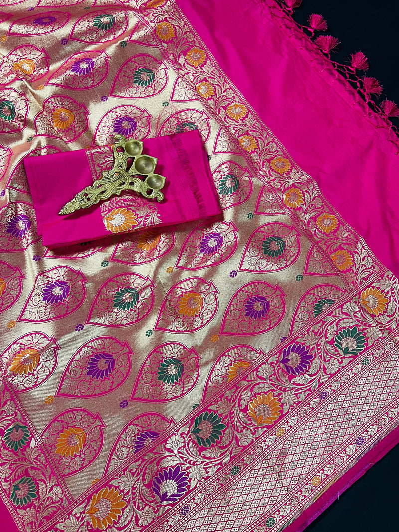 Pink Color Traditional Banarasi Handloom Sari with Paithani Style Floral Borders with Meenakari Borders | Soft Silk Saree