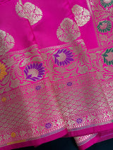 Pink Color Traditional Banarasi Handloom Sari with Paithani Style Floral Borders with Meenakari Borders | Soft Silk Saree